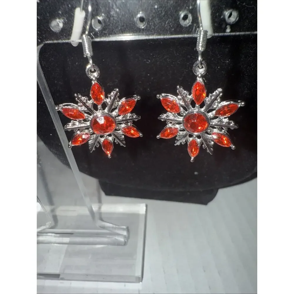 Red Snowflake Silvertone Christmas Holiday Dangle Earrings